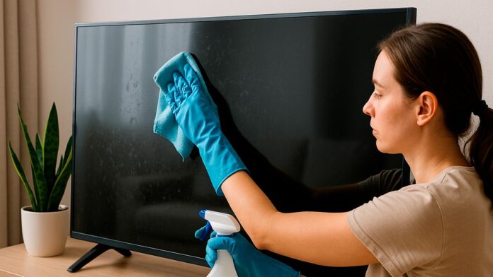Mulher Limpando a Tela de uma TV