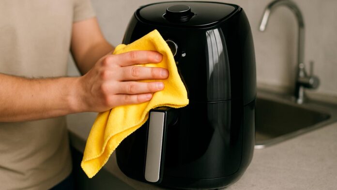 Pessoa Limpando a Air Fryer com uma Flanela